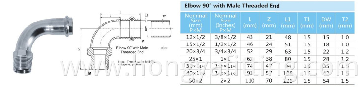 Stainless steel 45 degree plumbing elbow m type press fitting